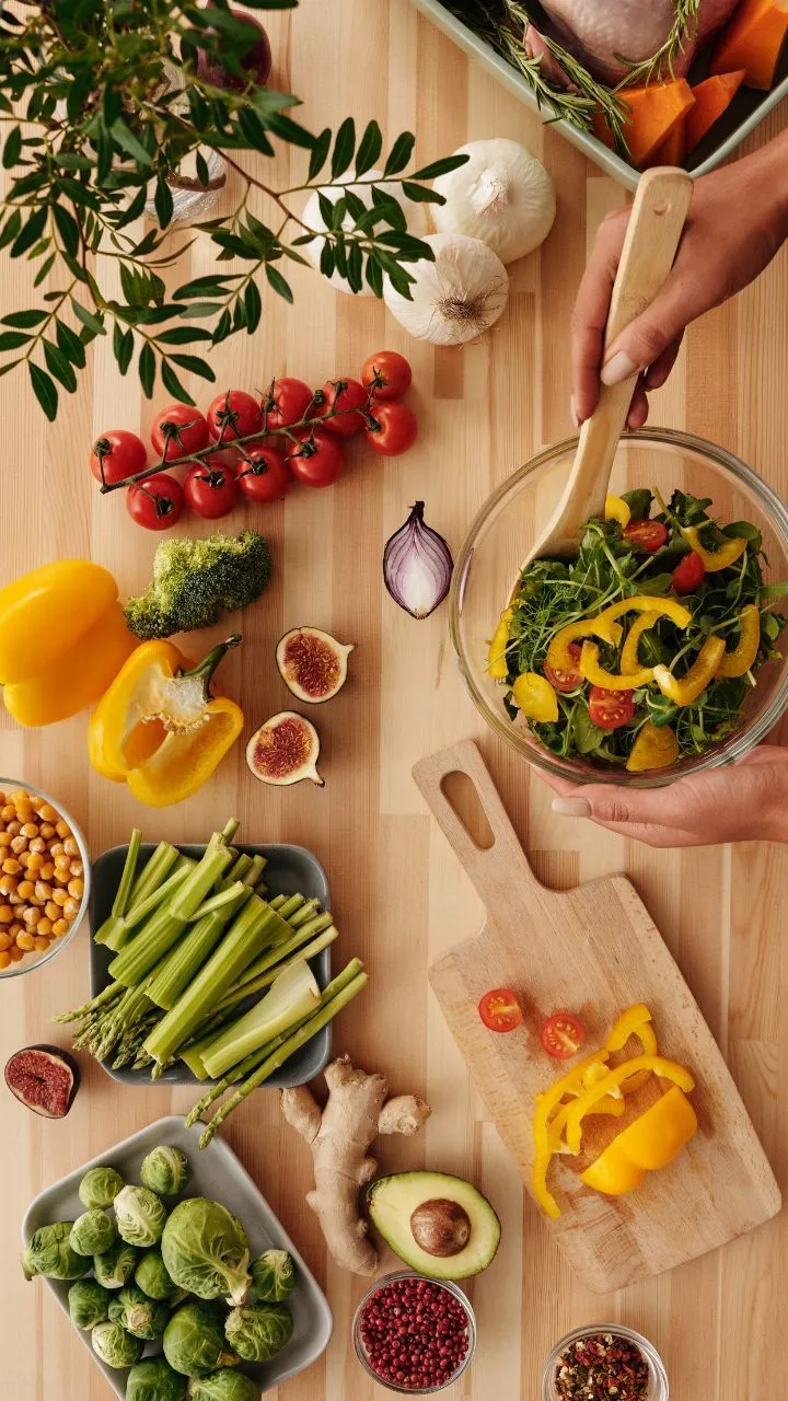 Assorted colorful whole foods arranged on a dark surface